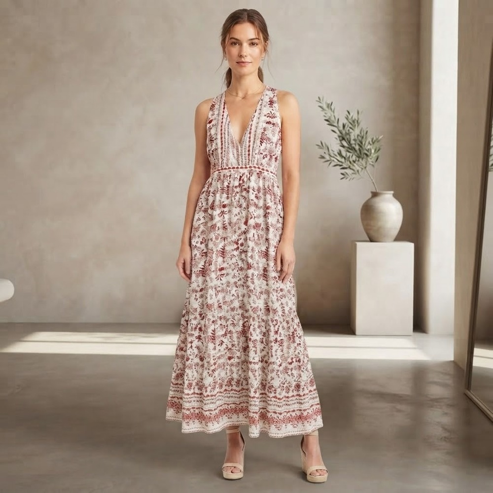 Angie Floral Maxi Dress 1X Red White V-Neck Tiered Boho Coastal Beachy Summer